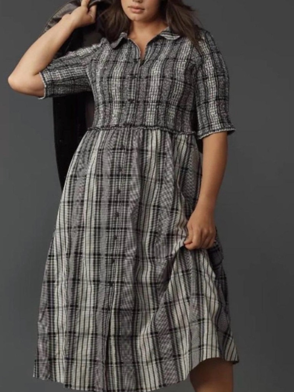 Maeve Anthropologie Black and White Plaid Button-Front Dress Classic Quiet Lux - Picture 3 of 9